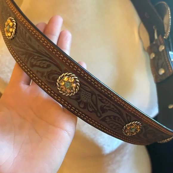 Nocona Brown Leather Belt with Silver and Blue Accents - Picture 3 of 4